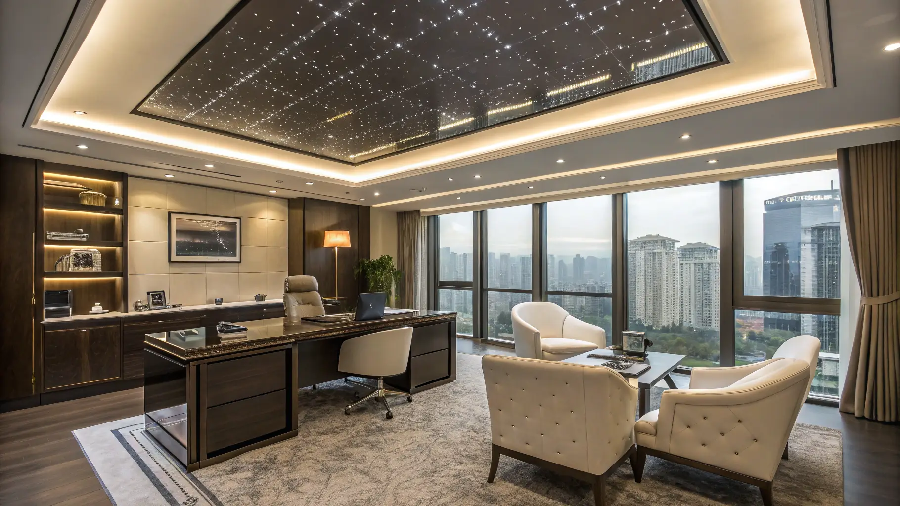 Modern office with a smooth, matte stretch ceiling and ambient lighting.