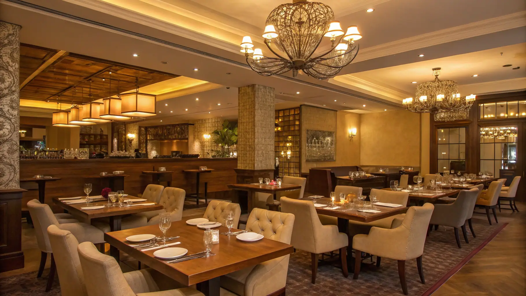 Chic restaurant interior with a textured stretch ceiling and cozy lighting.